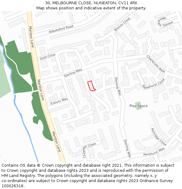 30, MELBOURNE CLOSE, NUNEATON, CV11 4RX: Location map and indicative extent of plot