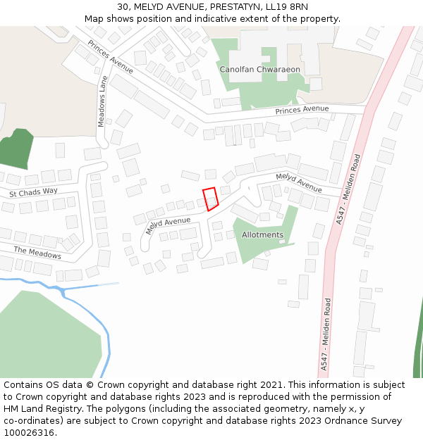 30, MELYD AVENUE, PRESTATYN, LL19 8RN: Location map and indicative extent of plot