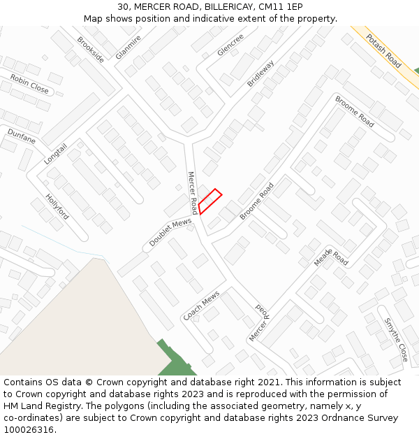 30, MERCER ROAD, BILLERICAY, CM11 1EP: Location map and indicative extent of plot