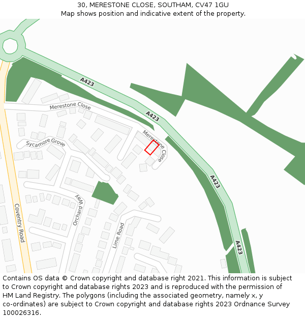 30, MERESTONE CLOSE, SOUTHAM, CV47 1GU: Location map and indicative extent of plot