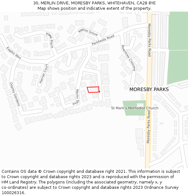 30, MERLIN DRIVE, MORESBY PARKS, WHITEHAVEN, CA28 8YE: Location map and indicative extent of plot