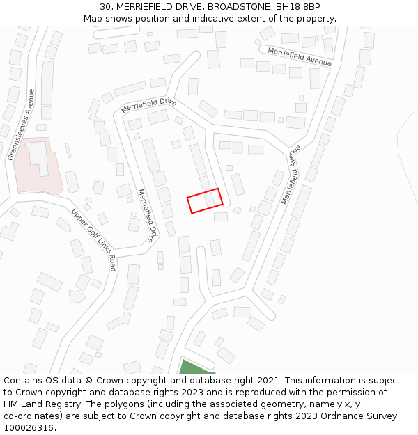 30, MERRIEFIELD DRIVE, BROADSTONE, BH18 8BP: Location map and indicative extent of plot