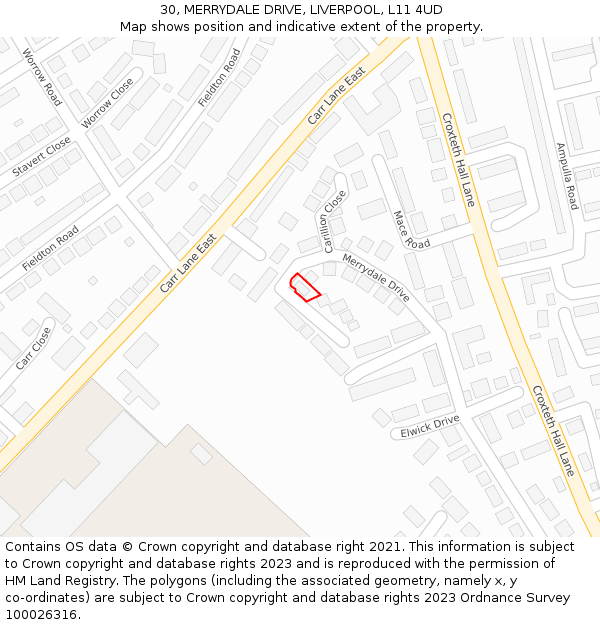 30, MERRYDALE DRIVE, LIVERPOOL, L11 4UD: Location map and indicative extent of plot