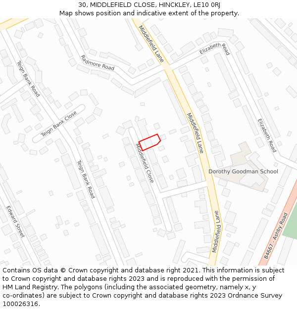 30, MIDDLEFIELD CLOSE, HINCKLEY, LE10 0RJ: Location map and indicative extent of plot