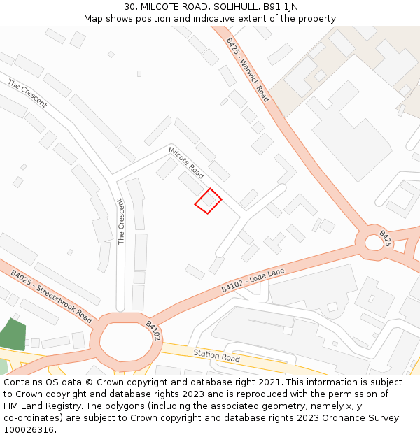 30, MILCOTE ROAD, SOLIHULL, B91 1JN: Location map and indicative extent of plot
