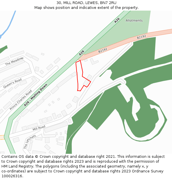 30, MILL ROAD, LEWES, BN7 2RU: Location map and indicative extent of plot