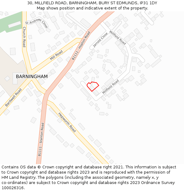 30, MILLFIELD ROAD, BARNINGHAM, BURY ST EDMUNDS, IP31 1DY: Location map and indicative extent of plot