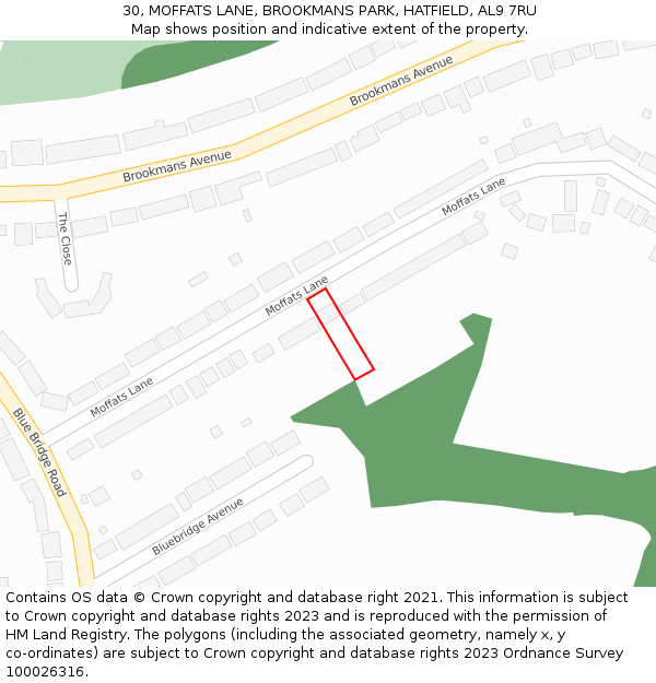 30, MOFFATS LANE, BROOKMANS PARK, HATFIELD, AL9 7RU: Location map and indicative extent of plot