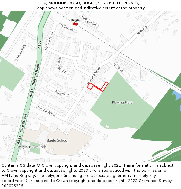 30, MOLINNIS ROAD, BUGLE, ST AUSTELL, PL26 8QJ: Location map and indicative extent of plot