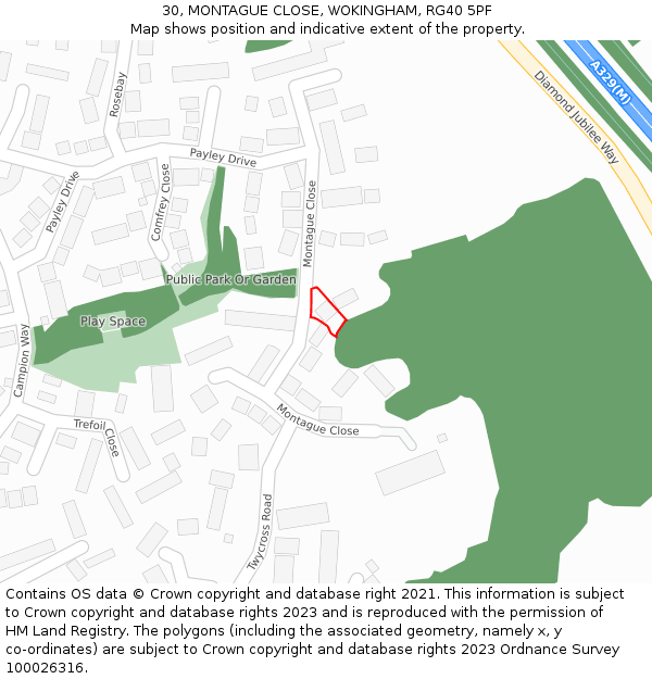 30, MONTAGUE CLOSE, WOKINGHAM, RG40 5PF: Location map and indicative extent of plot