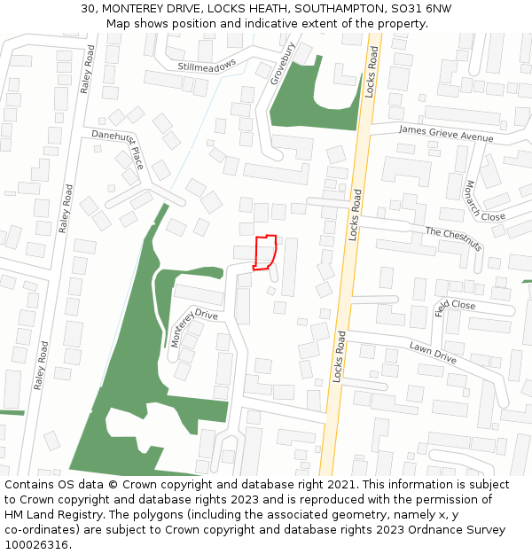 30, MONTEREY DRIVE, LOCKS HEATH, SOUTHAMPTON, SO31 6NW: Location map and indicative extent of plot