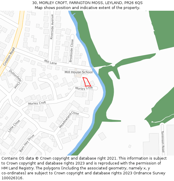 30, MORLEY CROFT, FARINGTON MOSS, LEYLAND, PR26 6QS: Location map and indicative extent of plot