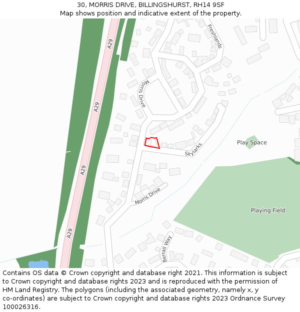 30, MORRIS DRIVE, BILLINGSHURST, RH14 9SF: Location map and indicative extent of plot