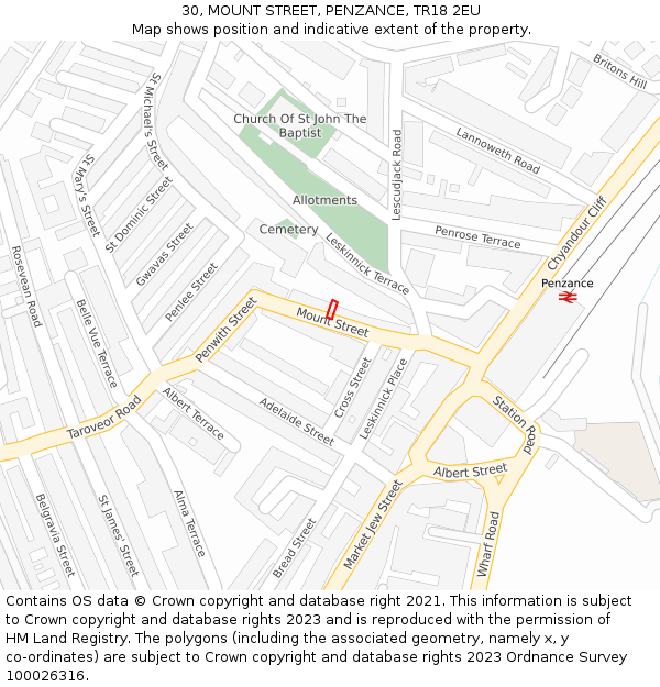 30, MOUNT STREET, PENZANCE, TR18 2EU: Location map and indicative extent of plot