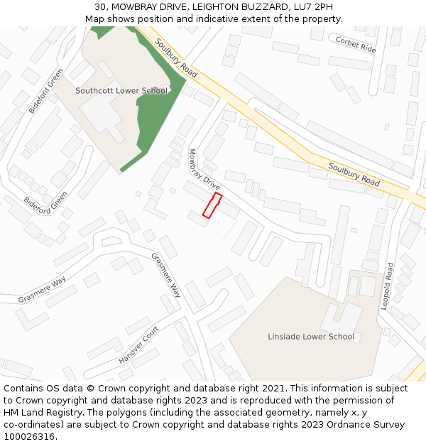 30, MOWBRAY DRIVE, LEIGHTON BUZZARD, LU7 2PH: Location map and indicative extent of plot