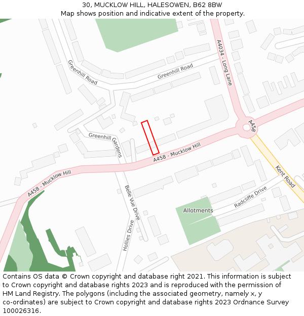 30, MUCKLOW HILL, HALESOWEN, B62 8BW: Location map and indicative extent of plot
