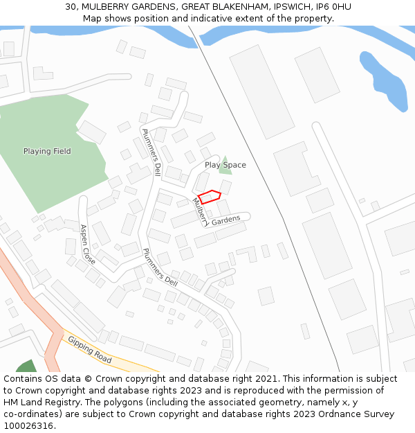 30, MULBERRY GARDENS, GREAT BLAKENHAM, IPSWICH, IP6 0HU: Location map and indicative extent of plot