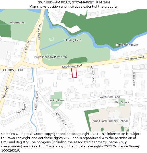 30, NEEDHAM ROAD, STOWMARKET, IP14 2AN: Location map and indicative extent of plot