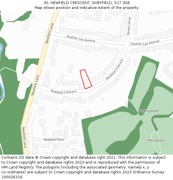 30, NEWFIELD CRESCENT, SHEFFIELD, S17 3DE: Location map and indicative extent of plot