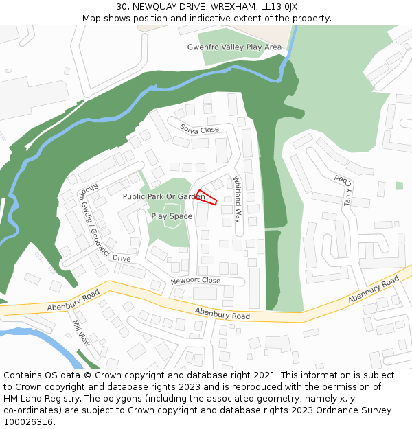 30, NEWQUAY DRIVE, WREXHAM, LL13 0JX: Location map and indicative extent of plot