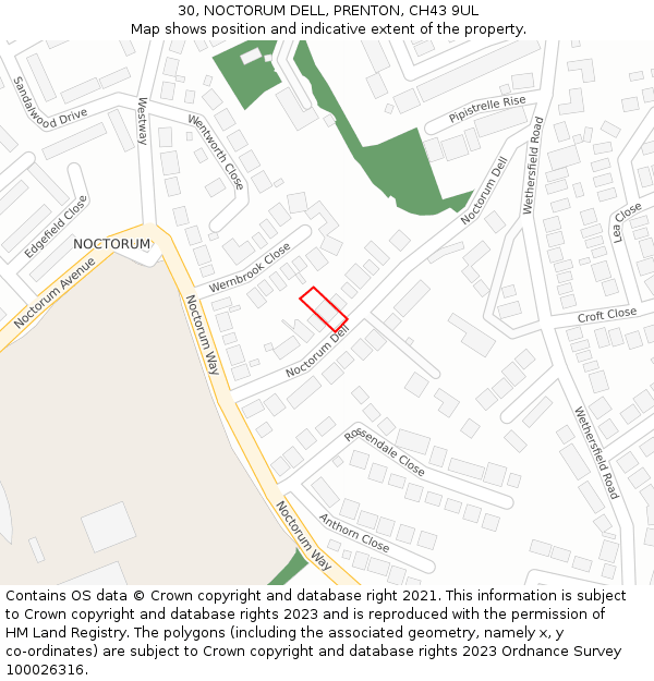 30, NOCTORUM DELL, PRENTON, CH43 9UL: Location map and indicative extent of plot