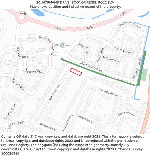 30, NORMANS DRIVE, BOGNOR REGIS, PO22 8LW: Location map and indicative extent of plot