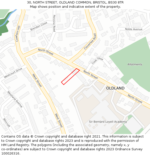 30, NORTH STREET, OLDLAND COMMON, BRISTOL, BS30 8TR: Location map and indicative extent of plot