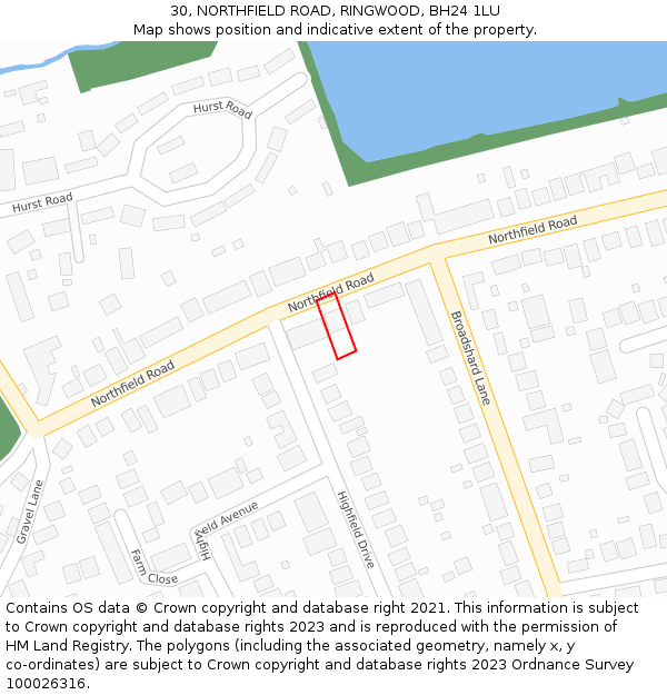 30, NORTHFIELD ROAD, RINGWOOD, BH24 1LU: Location map and indicative extent of plot