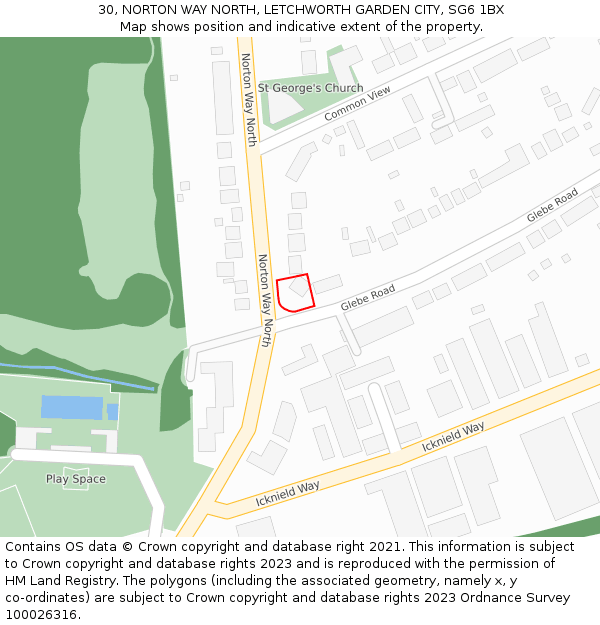 30, NORTON WAY NORTH, LETCHWORTH GARDEN CITY, SG6 1BX: Location map and indicative extent of plot
