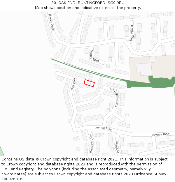 30, OAK END, BUNTINGFORD, SG9 9BU: Location map and indicative extent of plot