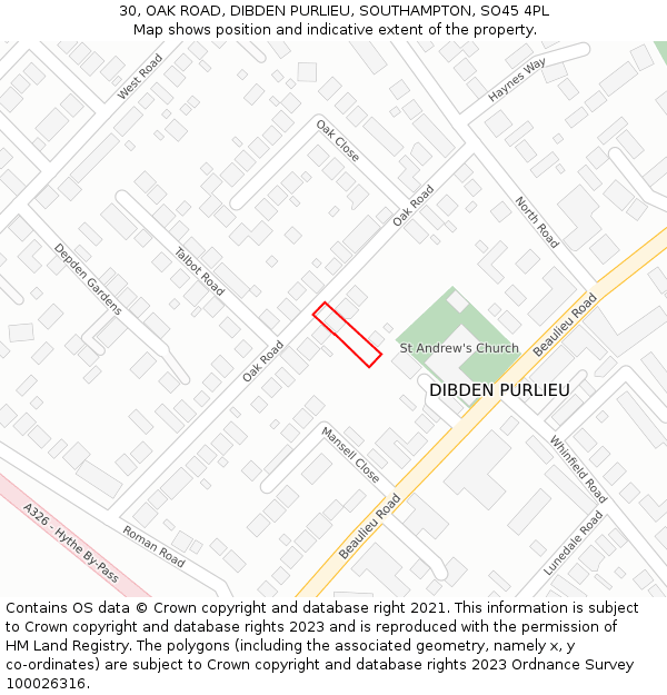 30, OAK ROAD, DIBDEN PURLIEU, SOUTHAMPTON, SO45 4PL: Location map and indicative extent of plot