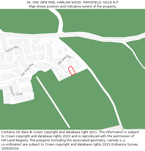 30, OAK VIEW RISE, HARLOW WOOD, MANSFIELD, NG18 4UT: Location map and indicative extent of plot