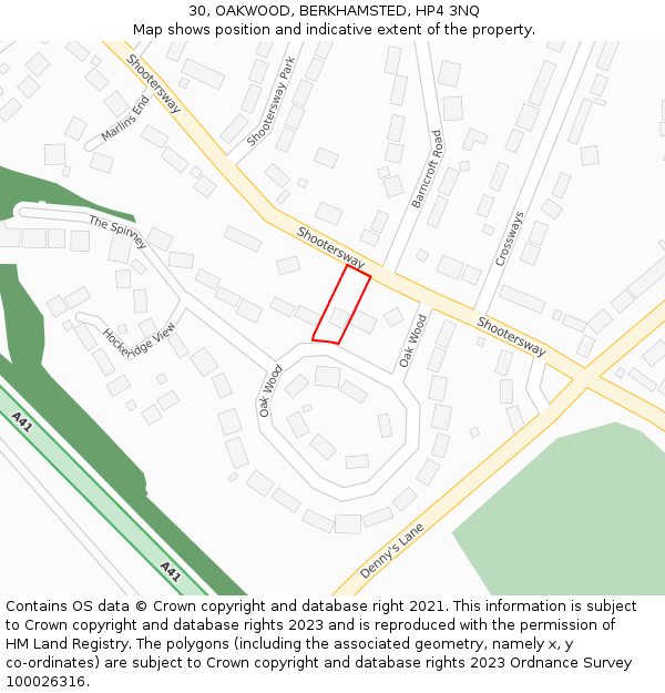 30, OAKWOOD, BERKHAMSTED, HP4 3NQ: Location map and indicative extent of plot