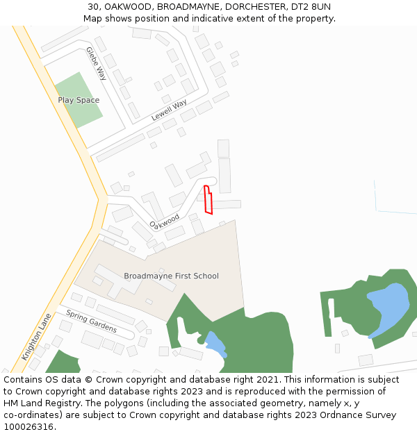 30, OAKWOOD, BROADMAYNE, DORCHESTER, DT2 8UN: Location map and indicative extent of plot