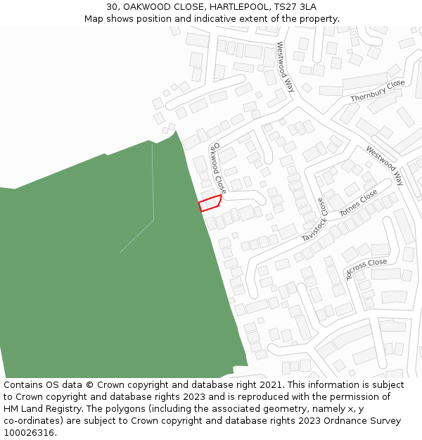 30, OAKWOOD CLOSE, HARTLEPOOL, TS27 3LA: Location map and indicative extent of plot