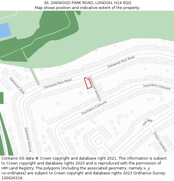 30, OAKWOOD PARK ROAD, LONDON, N14 6QG: Location map and indicative extent of plot