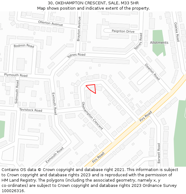 30, OKEHAMPTON CRESCENT, SALE, M33 5HR: Location map and indicative extent of plot