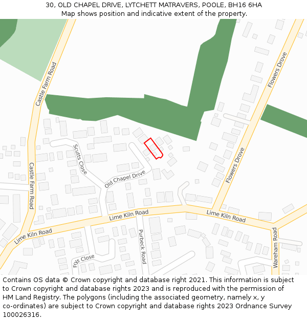 30, OLD CHAPEL DRIVE, LYTCHETT MATRAVERS, POOLE, BH16 6HA: Location map and indicative extent of plot