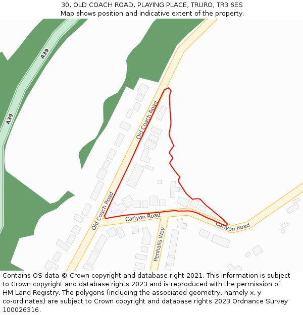 30, OLD COACH ROAD, PLAYING PLACE, TRURO, TR3 6ES: Location map and indicative extent of plot