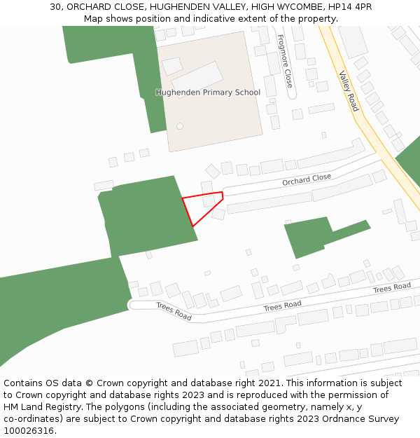 30, ORCHARD CLOSE, HUGHENDEN VALLEY, HIGH WYCOMBE, HP14 4PR: Location map and indicative extent of plot