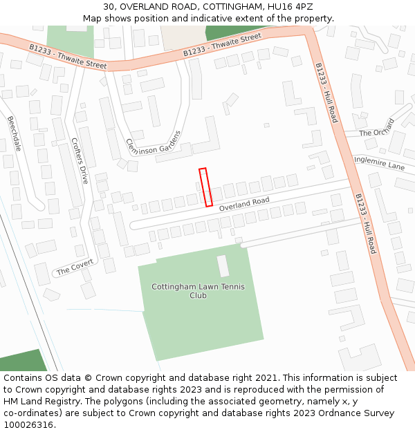 30, OVERLAND ROAD, COTTINGHAM, HU16 4PZ: Location map and indicative extent of plot