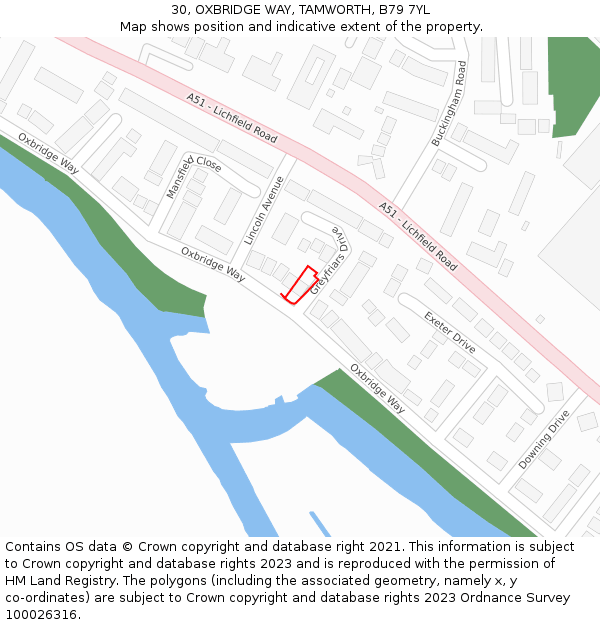 30, OXBRIDGE WAY, TAMWORTH, B79 7YL: Location map and indicative extent of plot