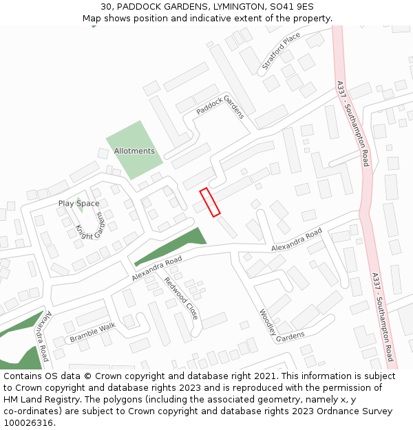 30, PADDOCK GARDENS, LYMINGTON, SO41 9ES: Location map and indicative extent of plot