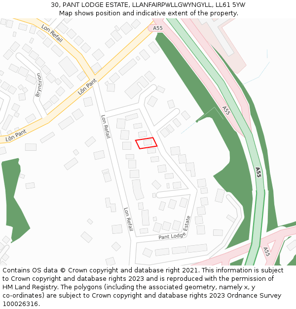 30, PANT LODGE ESTATE, LLANFAIRPWLLGWYNGYLL, LL61 5YW: Location map and indicative extent of plot