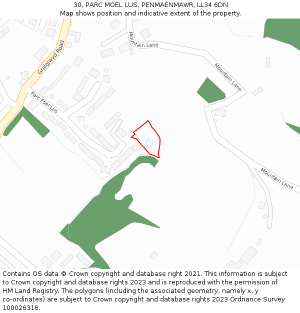30, PARC MOEL LUS, PENMAENMAWR, LL34 6DN: Location map and indicative extent of plot