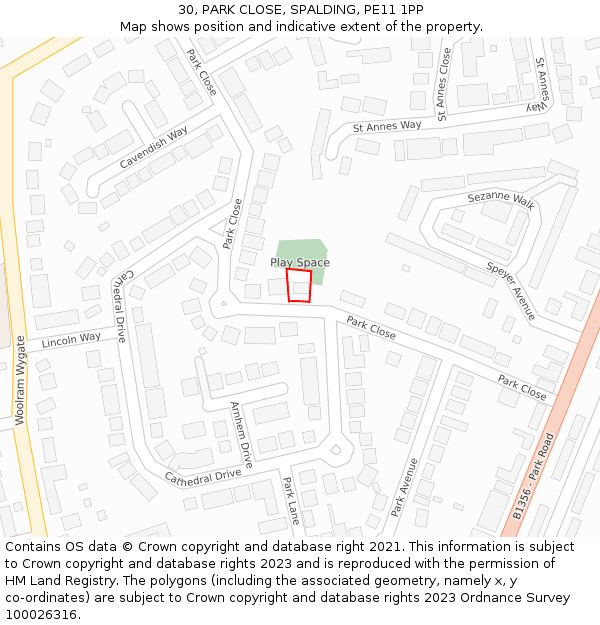 30, PARK CLOSE, SPALDING, PE11 1PP: Location map and indicative extent of plot
