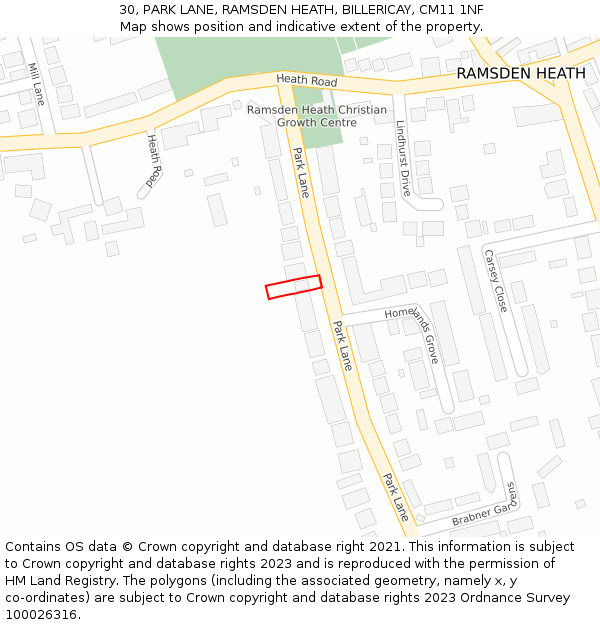 30, PARK LANE, RAMSDEN HEATH, BILLERICAY, CM11 1NF: Location map and indicative extent of plot