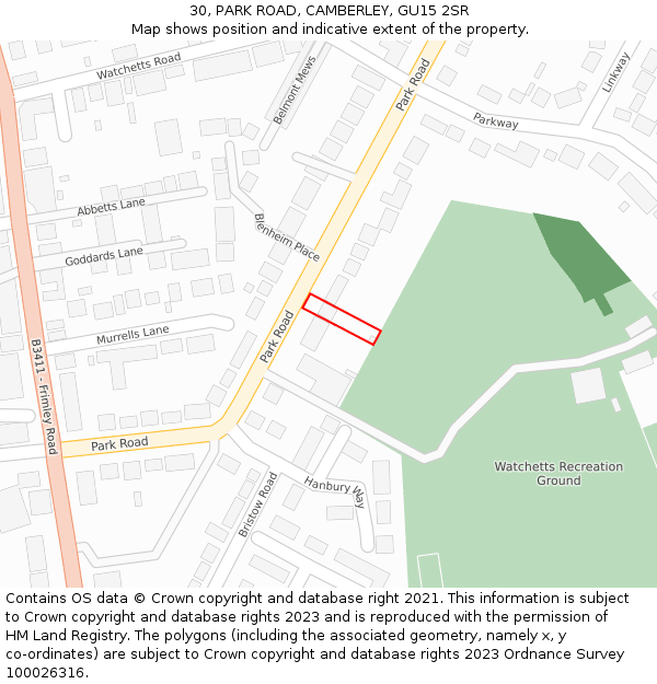 30, PARK ROAD, CAMBERLEY, GU15 2SR: Location map and indicative extent of plot