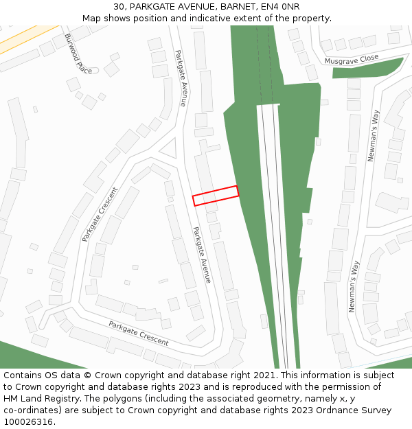 30, PARKGATE AVENUE, BARNET, EN4 0NR: Location map and indicative extent of plot