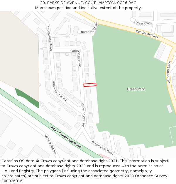 30, PARKSIDE AVENUE, SOUTHAMPTON, SO16 9AG: Location map and indicative extent of plot